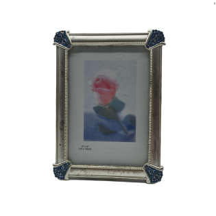 Silver Metal Picture Frame With Blue Rhinestone Corner,Real Glass Photo Frame For Wall And Tabletop Display Family Office