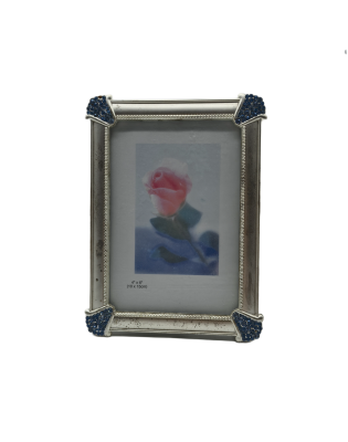 Silver Metal Picture Frame With Blue Rhinestone Corner,Real Glass Photo Frame For Wall And Tabletop Display Family Office