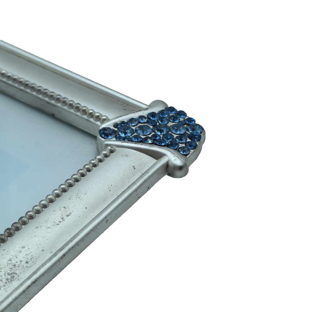 Silver Metal Picture Frame With Blue Rhinestone Corner,Real Glass Photo Frame For Wall And Tabletop Display Family Office