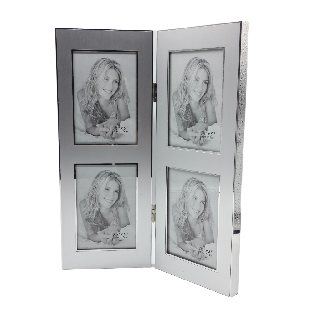 Hinged Double Simply Silver Metal Picture Frame With Silver Edge