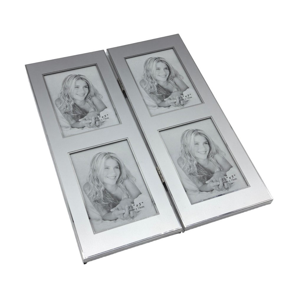 Hinged Double Simply Silver Metal Picture Frame With Silver Edge