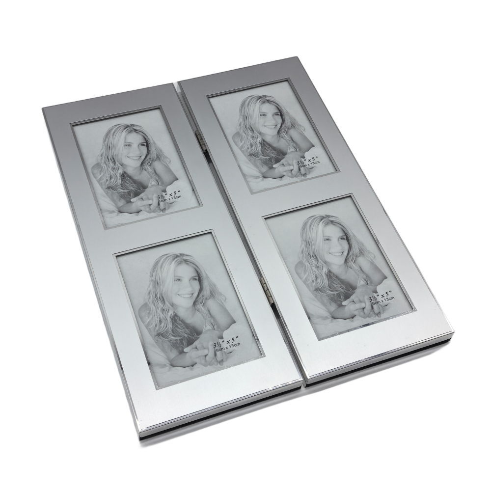 Hinged Double Simply Silver Metal Picture Frame With Silver Edge