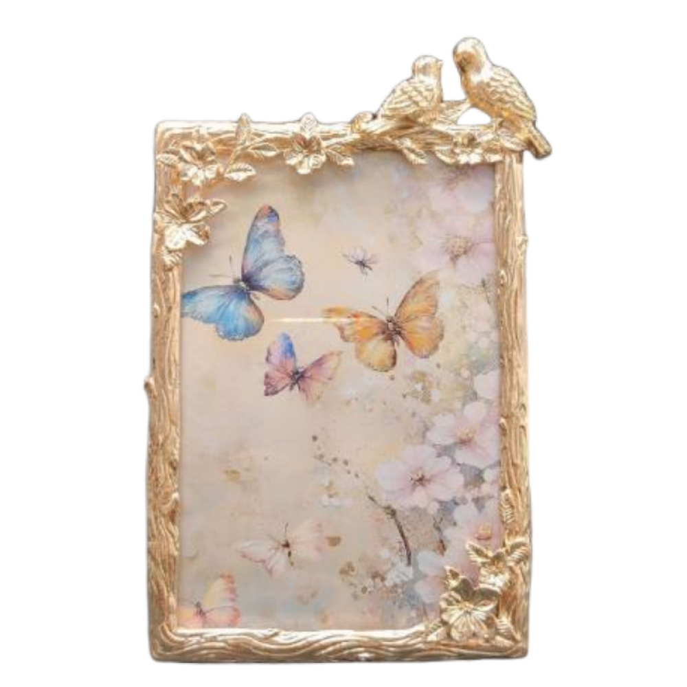 Gold Metal Picture Frame With Embossed Birds And Flowers,Picture Frames For Wall And Tabletop Display Family Office
