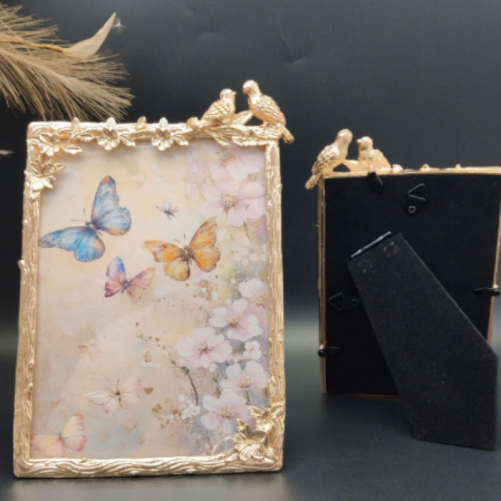 Gold Metal Picture Frame With Embossed Birds And Flowers,Picture Frames For Wall And Tabletop Display Family Office