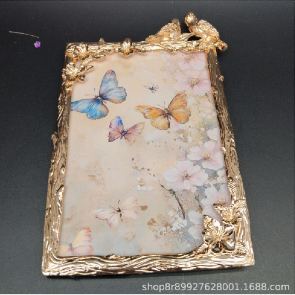Gold Metal Picture Frame With Embossed Birds And Flowers,Picture Frames For Wall And Tabletop Display Family Office